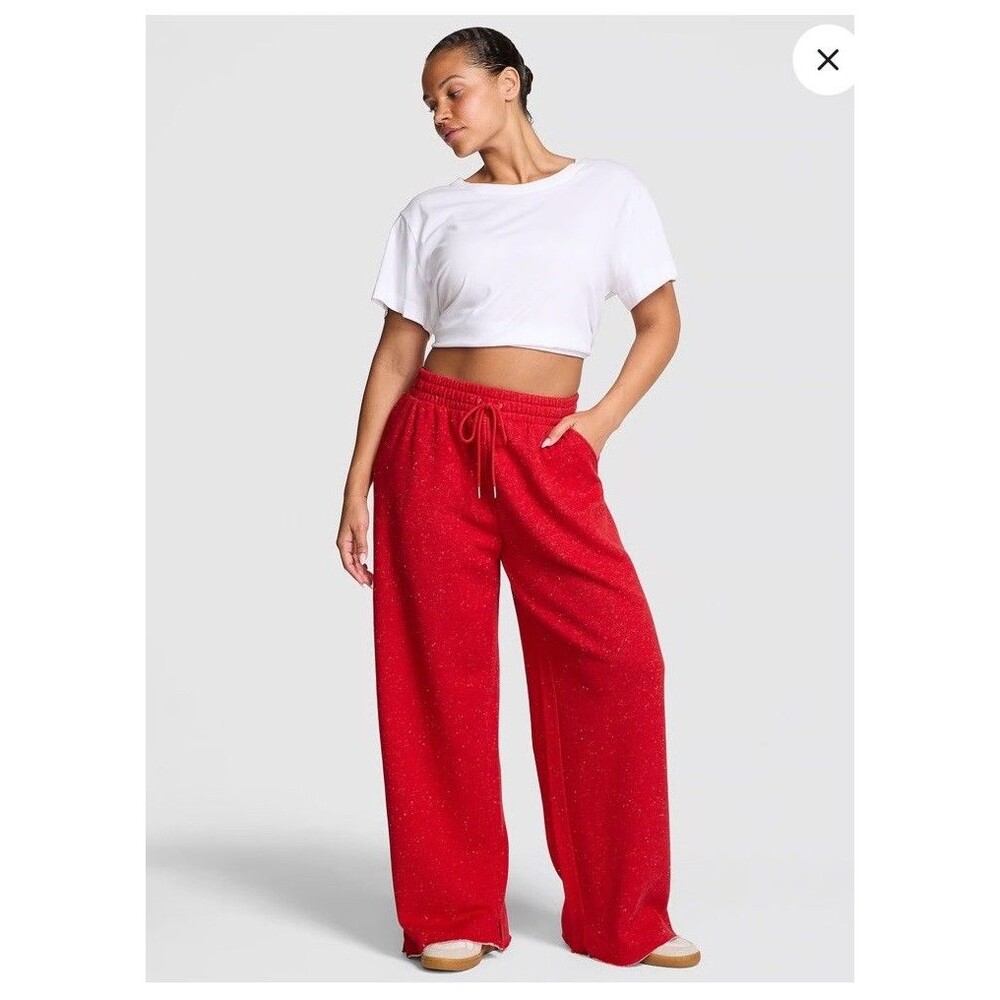 Victorias Secret PINK Campus Fleece Wide Leg Split Hem Sweatpants M Red Shimmer